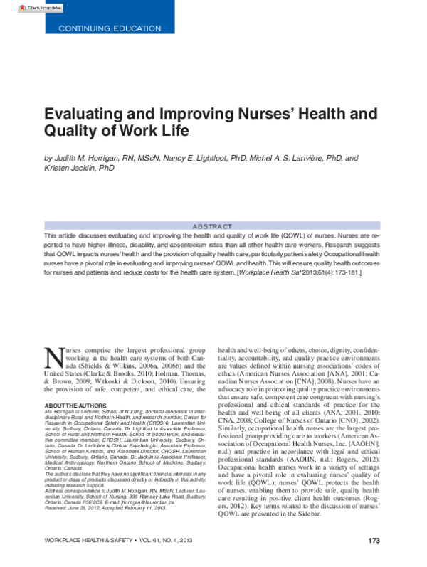 (PDF) Evaluating and Improving Nurses’ Health and Quality of Work Life