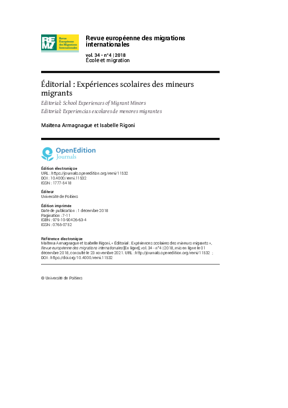(PDF) Éditorial : Expériences scolaires des mineurs migrants