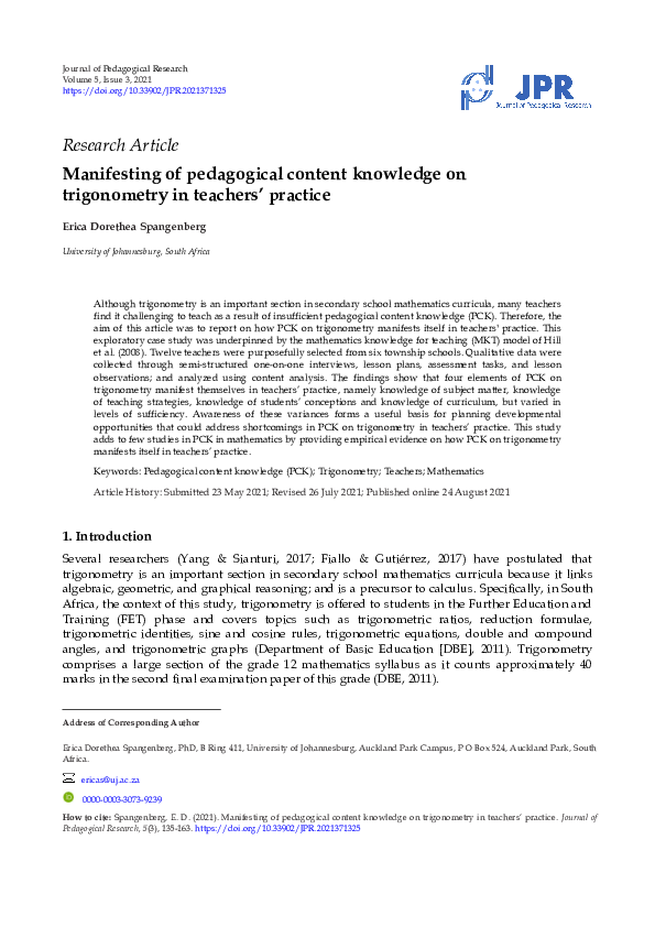 Manifesting of pedagogical content knowledge on trigonometry in teachers practice