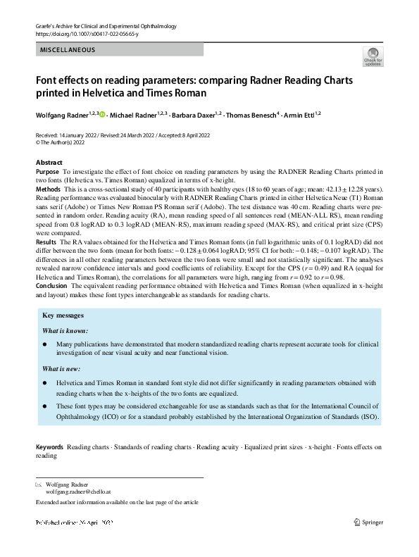 (PDF) Font effects on reading parameters: comparing Radner Reading ...