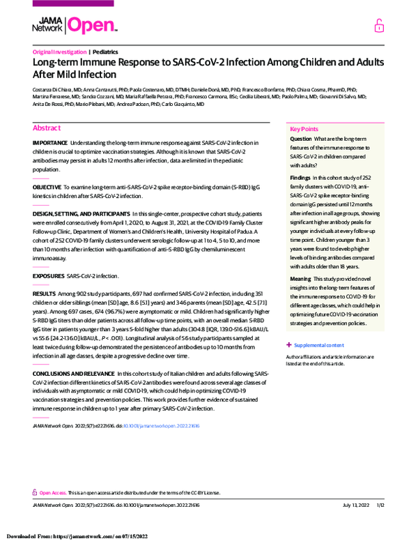 (PDF) Long-term Immune Response to SARS-CoV-2 Infection Among Children ...