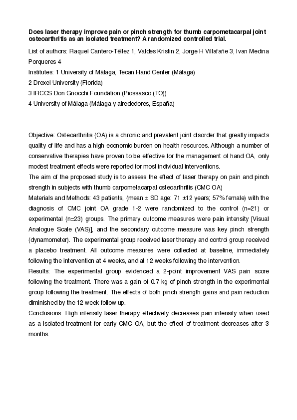 Does laser therapy improve pain or pinch strength for thumb carpometacarpal joint osteoarthritis as an isolated treatment? A randomized controlled trial