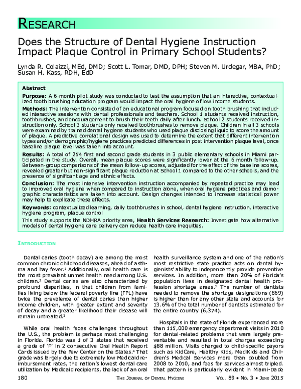 (PDF) Does the Structure of Dental Hygiene Instruction Impact Plaque ...