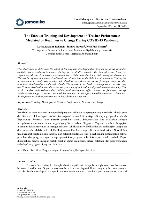 (PDF) The Effect of Training and Development on Teacher Performance ...