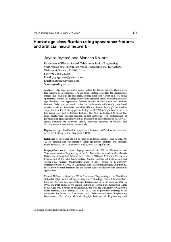 (PDF) Human age classification using appearance features and artificial