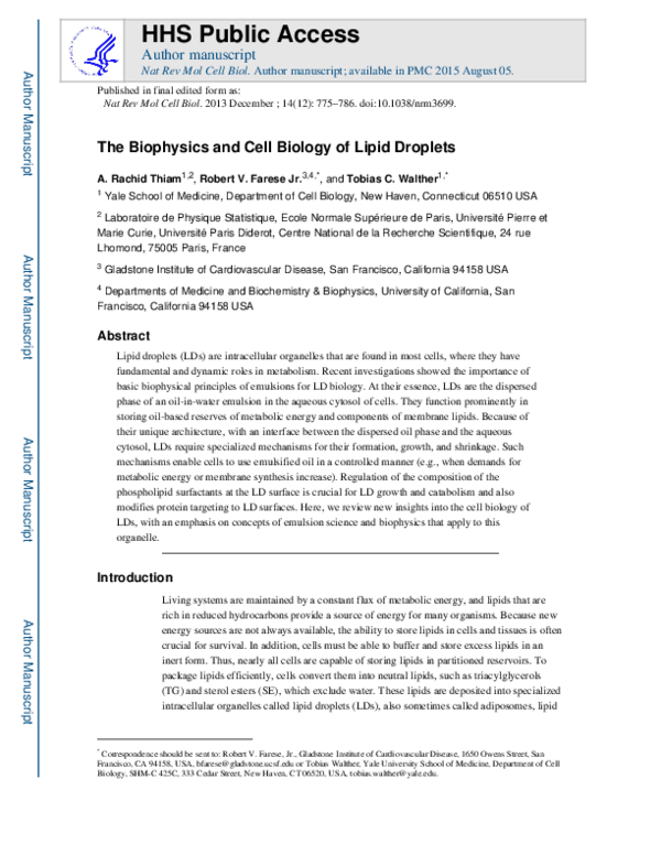 (PDF) The biophysics and cell biology of lipid droplets