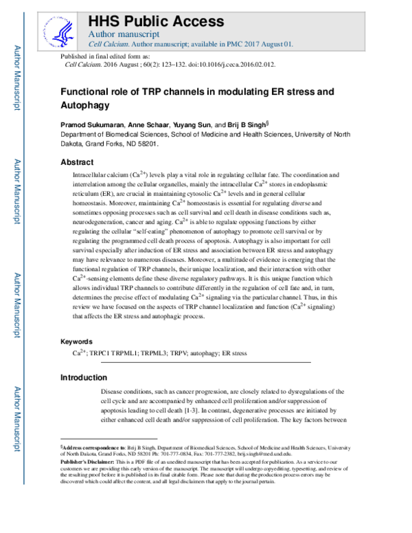 (PDF) Functional role of TRP channels in modulating ER stress and Autophagy