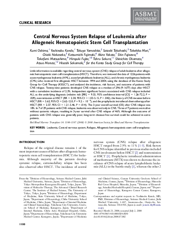 (PDF) Central Nervous System Relapse of Leukemia after Allogeneic ...