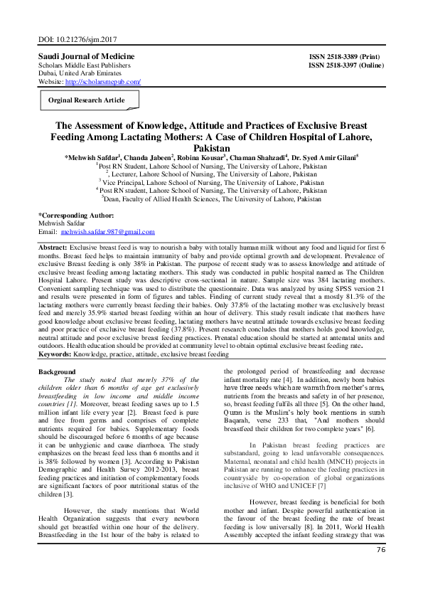 (PDF) The Assessment of Knowledge , Attitude and Practices of Exclusive ...