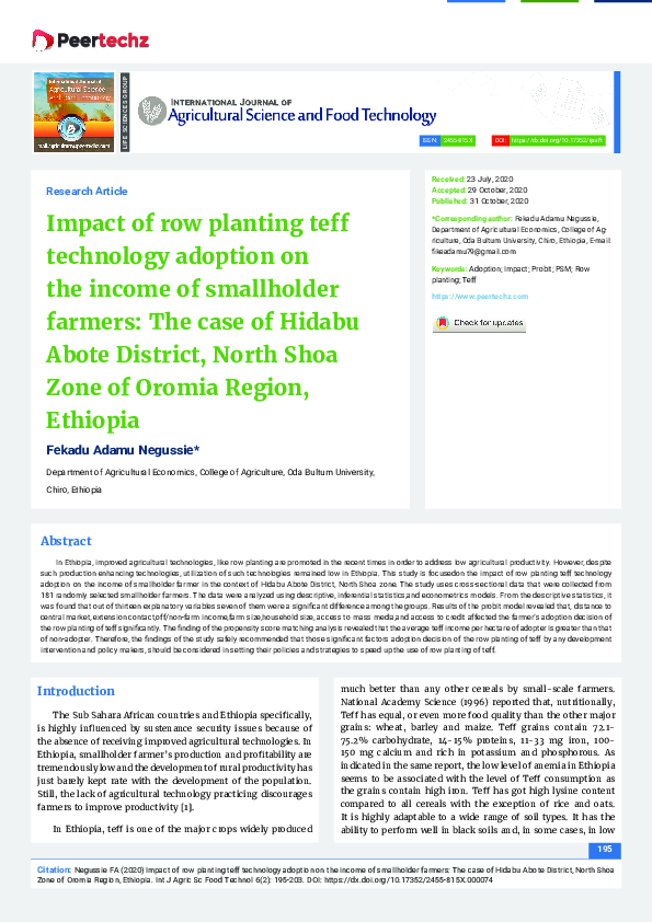 (PDF) Impact of row planting teff technology adoption on the income of ...