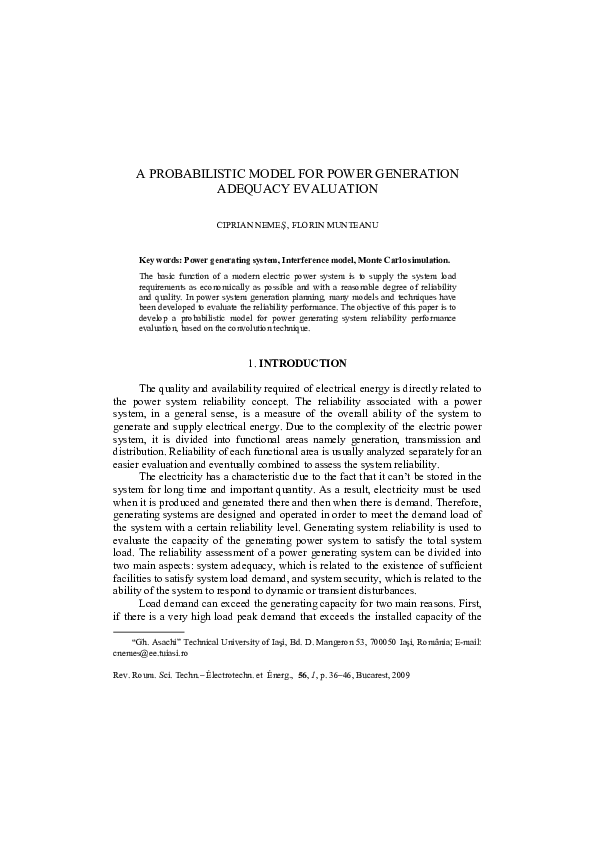 (PDF) A Probabilistic Model for Power Generation Adequacy Evaluation