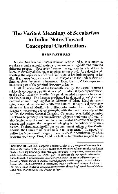 (PDF) The Variant Meanings of Secularism in India: Notes Toward ...