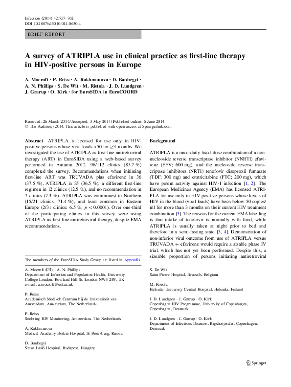 (PDF) A survey of ATRIPLA use in clinical practice as first-line ...