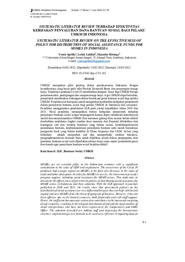 Systematic Literature Review: Kebijakan Pemerintah terhadap Penyaluran Dana Bantuan Sosial Bagi Pelaku UMKM di Indonesia