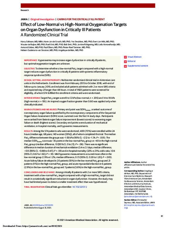 (PDF) Effect of Low-Normal vs High-Normal Oxygenation Targets on Organ ...