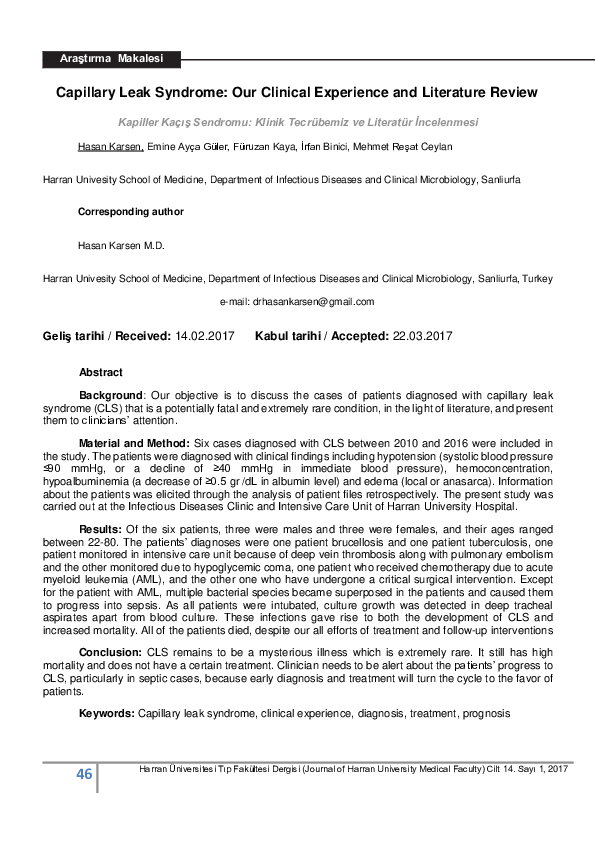 (PDF) Capillary Leak Syndrome Our Clinical Experience and Literature