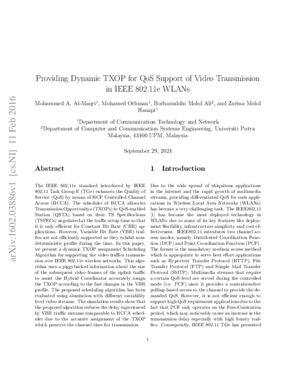 (PDF) Fe b 20 16 Providing Dynamic TXOP for QoS Support of Video ...