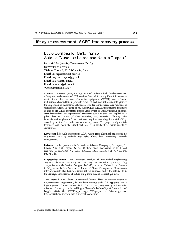 (PDF) Life cycle assessment of CRT lead recovery process