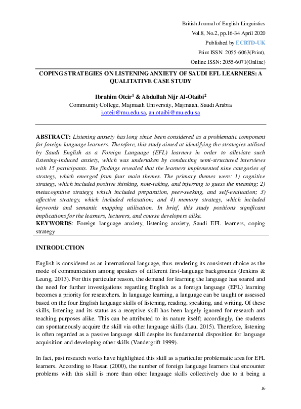 (PDF) Coping Strategies on Listening Anxiety of Saudi Efl Learners: A ...