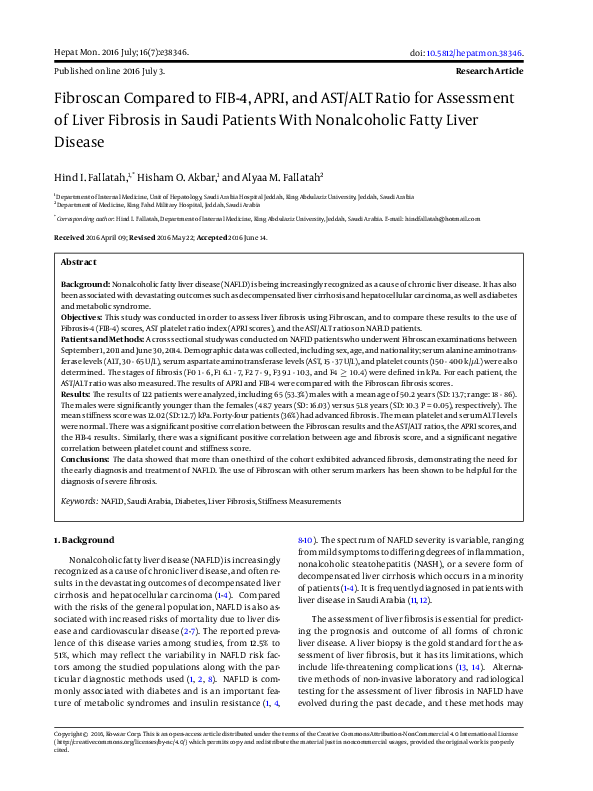 (PDF) FIB-4, APRI, and AST/ALT ratio compared to FibroScan for the ...