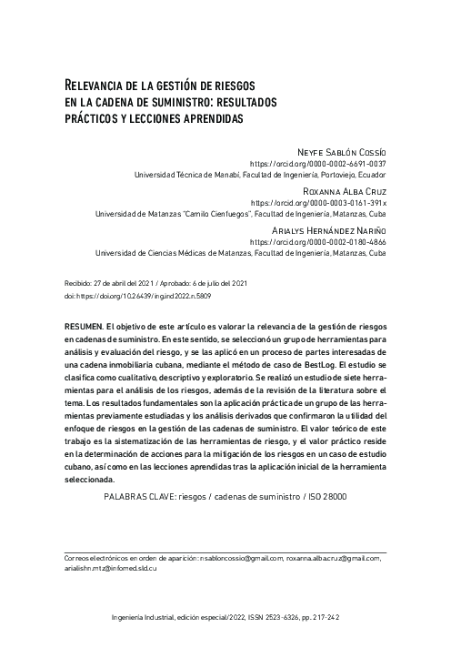(PDF) Relevancia de la gestión de riesgos en la cadena de suministro ...