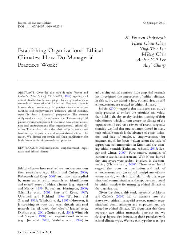 (PDF) Establishing Organizational Ethical Climates: How Do Managerial ...