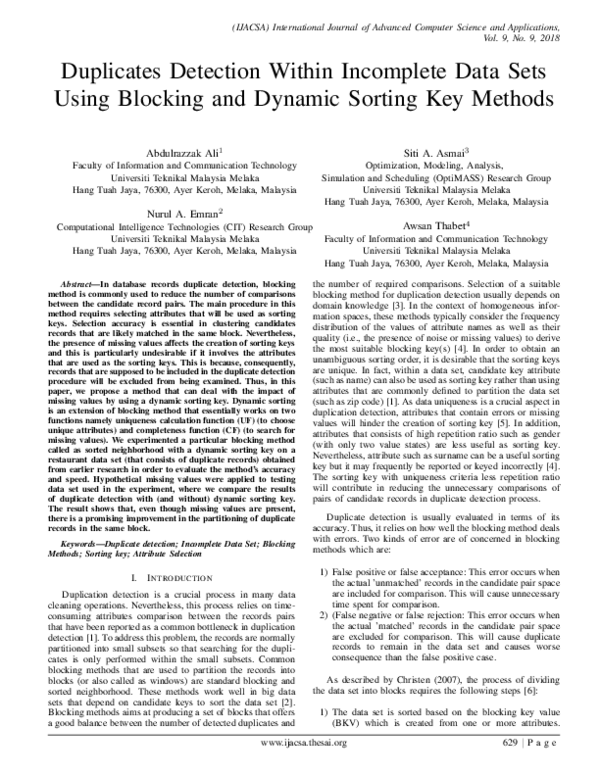 (PDF) Duplicates Detection Within Incomplete Data Sets Using Blocking ...