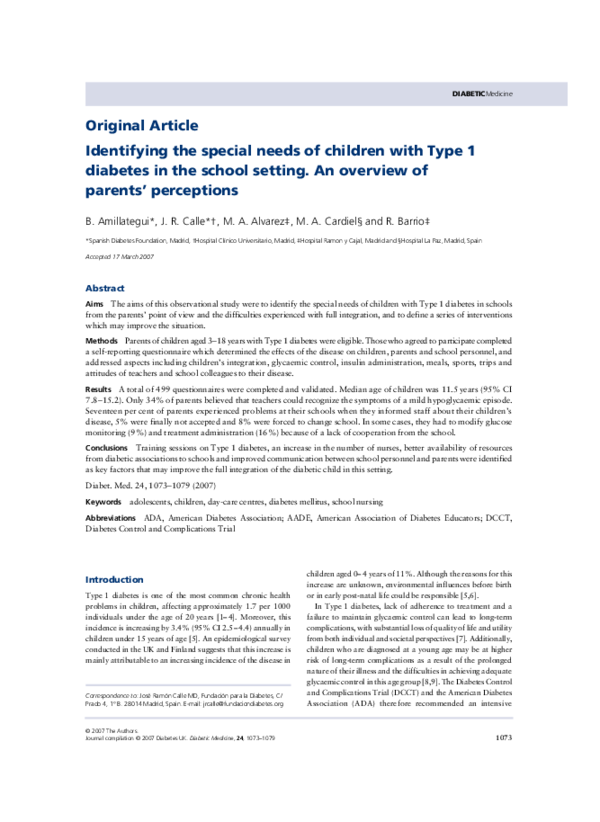 (PDF) Identifying the special needs of children with Type 1 diabetes in ...