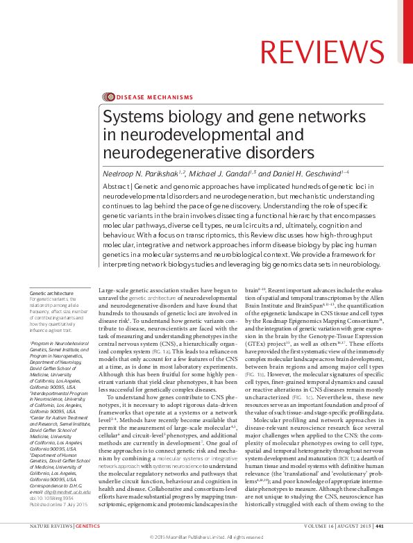 (PDF) Systems biology and gene networks in neurodevelopmental and ...