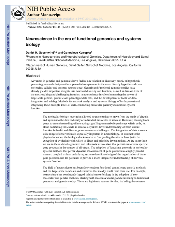 (PDF) Neuroscience in the era of functional genomics and systems biology