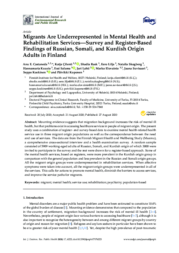 Migrants Are Underrepresented in Mental Health and Rehabilitation Services—Survey and Register-Based Findings of Russian, Somali, and Kurdish Origin Adults in Finland