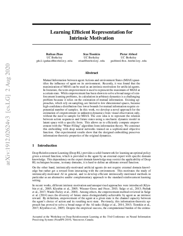 (PDF) Learning Efficient Representation for Intrinsic Motivation