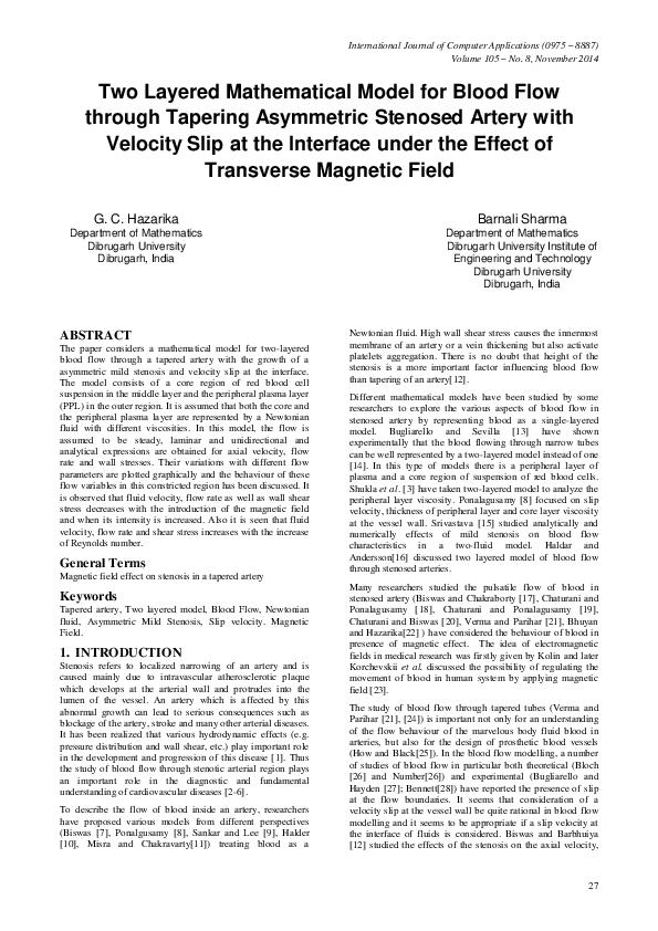 (PDF) Two Layered Mathematical Model for Blood Flow through Tapering ...