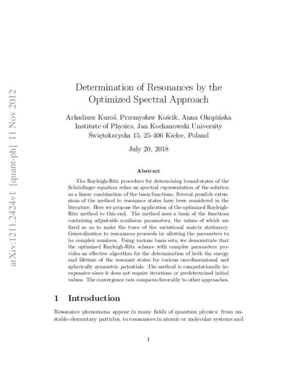 (PDF) Determination of resonances by the optimized spectral approach