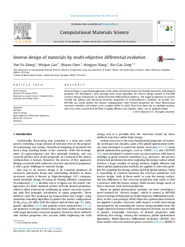 (PDF) Inverse design of materials by multi-objective differential evolution