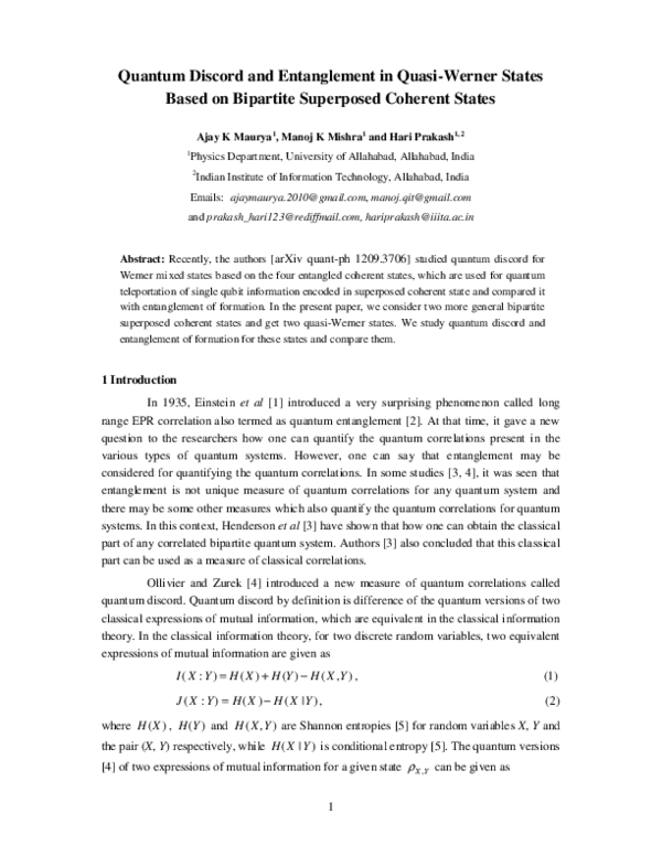 (PDF) Quantum Discord and Entanglement in Quasi-Werner States Based on ...