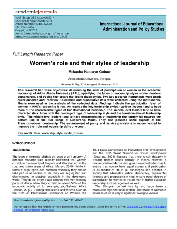 (PDF) Womens role and their styles of leadership