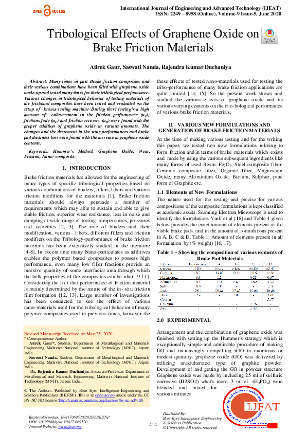(PDF) Tribological Effects of Graphene Oxide on Brake Friction Materials