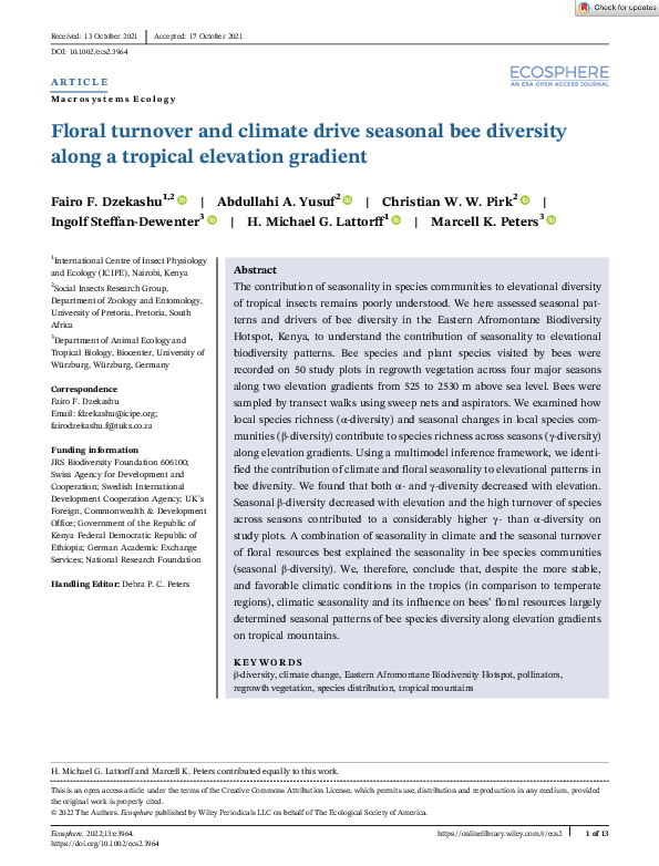 (PDF) Floral turnover and climate drive seasonal bee diversity along a ...