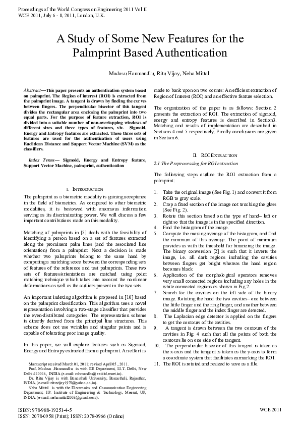 (PDF) A Study of Some New Features for the Palmprint Based Authentication