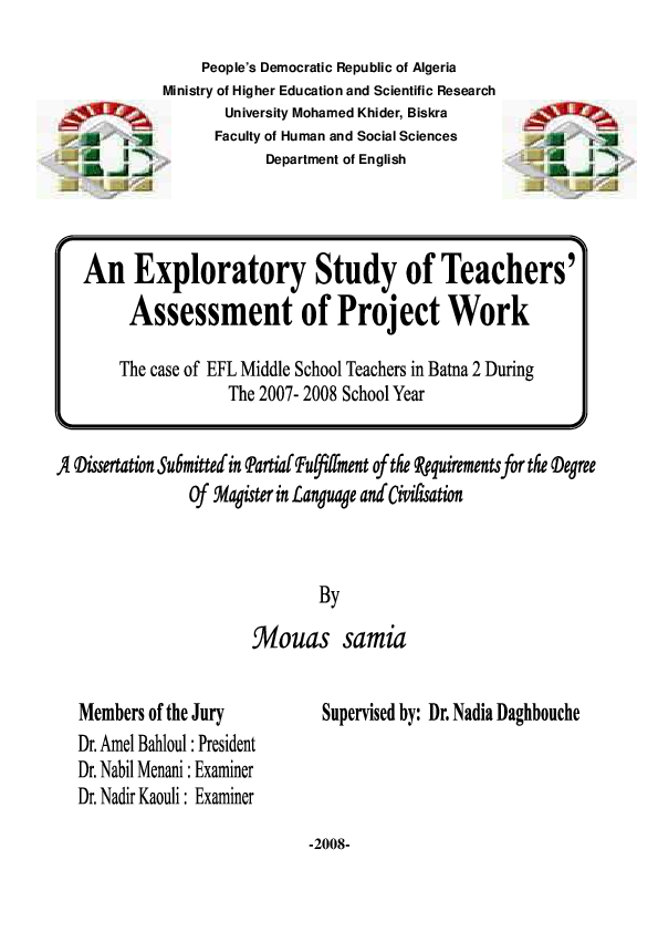 (PDF) AN EXPPLORATORY STUDY OF TEACHER'S ASSESSMENTS OF project work