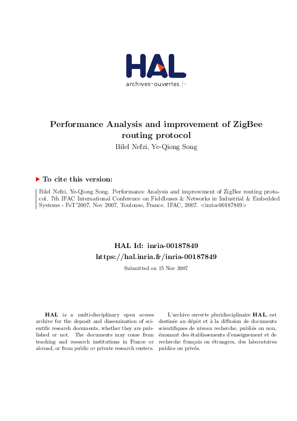 (PDF) Performance Analysis and Improvement of Zigbee Routing Protocol