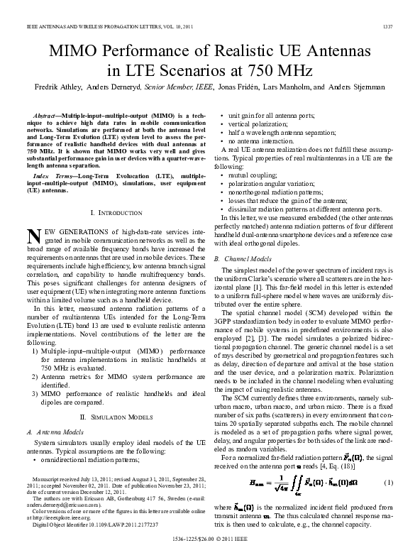(PDF) MIMO Performance of Realistic UE Antennas in LTE Scenarios at 750 MHz