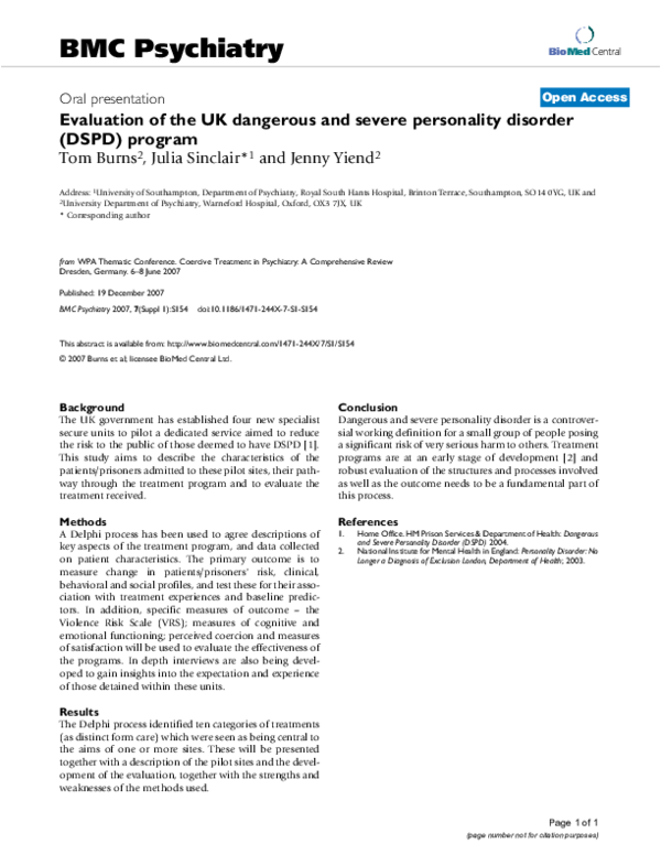 (PDF) Evaluation of the UK dangerous and severe personality disorder ...
