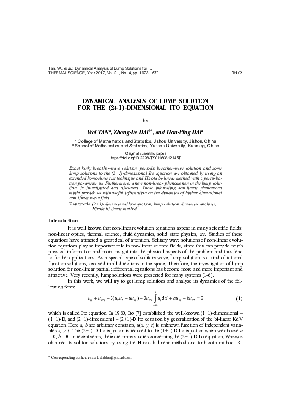 (PDF) Dynamical analysis of lump solution for the (2+1)-dimensional Ito ...