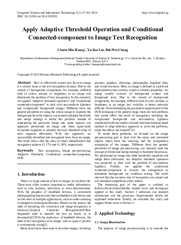 (PDF) Apply Adaptive Threshold Operation and Conditional Connected ...