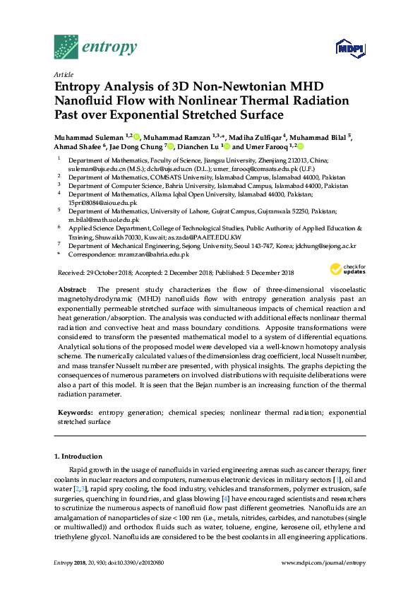 (PDF) Entropy Analysis of 3D Non-Newtonian MHD Nanofluid Flow with ...