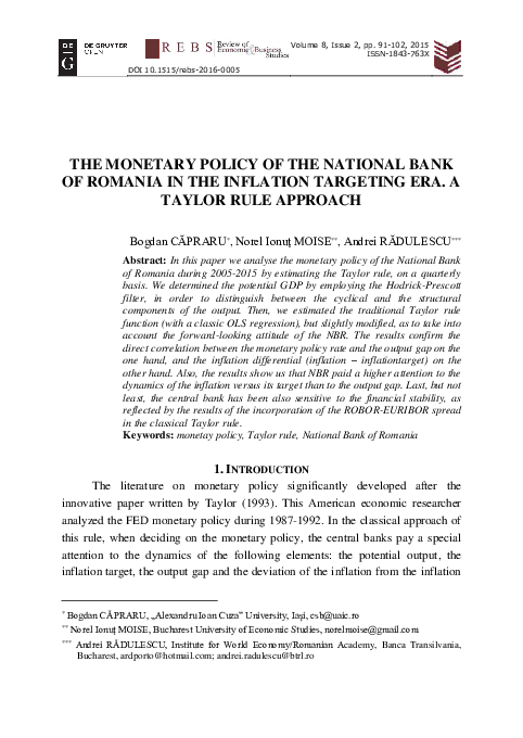 (PDF) The Monetary Policy of the National Bank of Romania in The ...