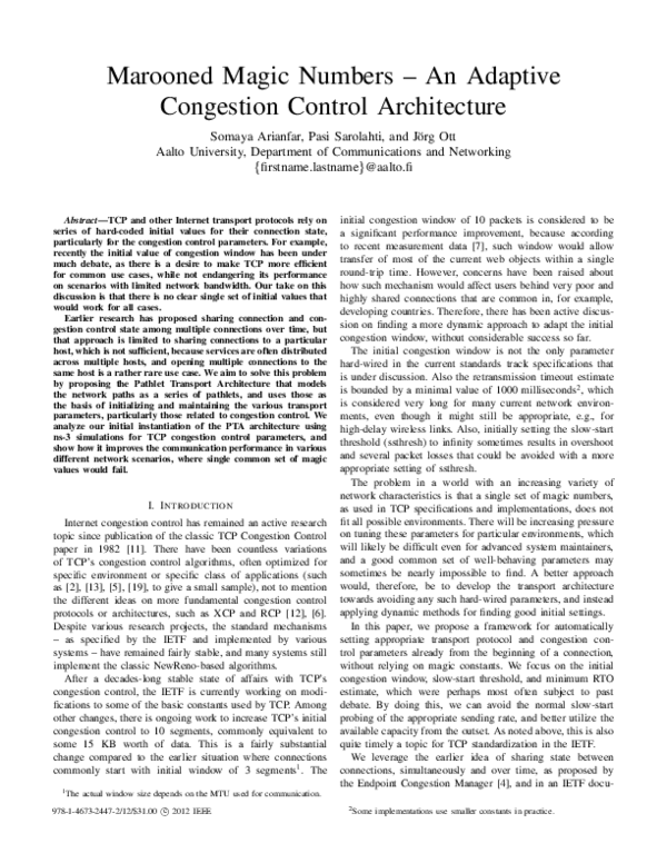 (PDF) Marooned magic numbers - An adaptive congestion control architecture