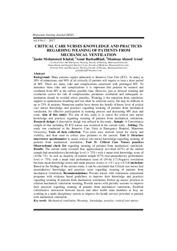 (PDF) Critical Care Nurses Knowledge and Practices Regarding Weaning of ...